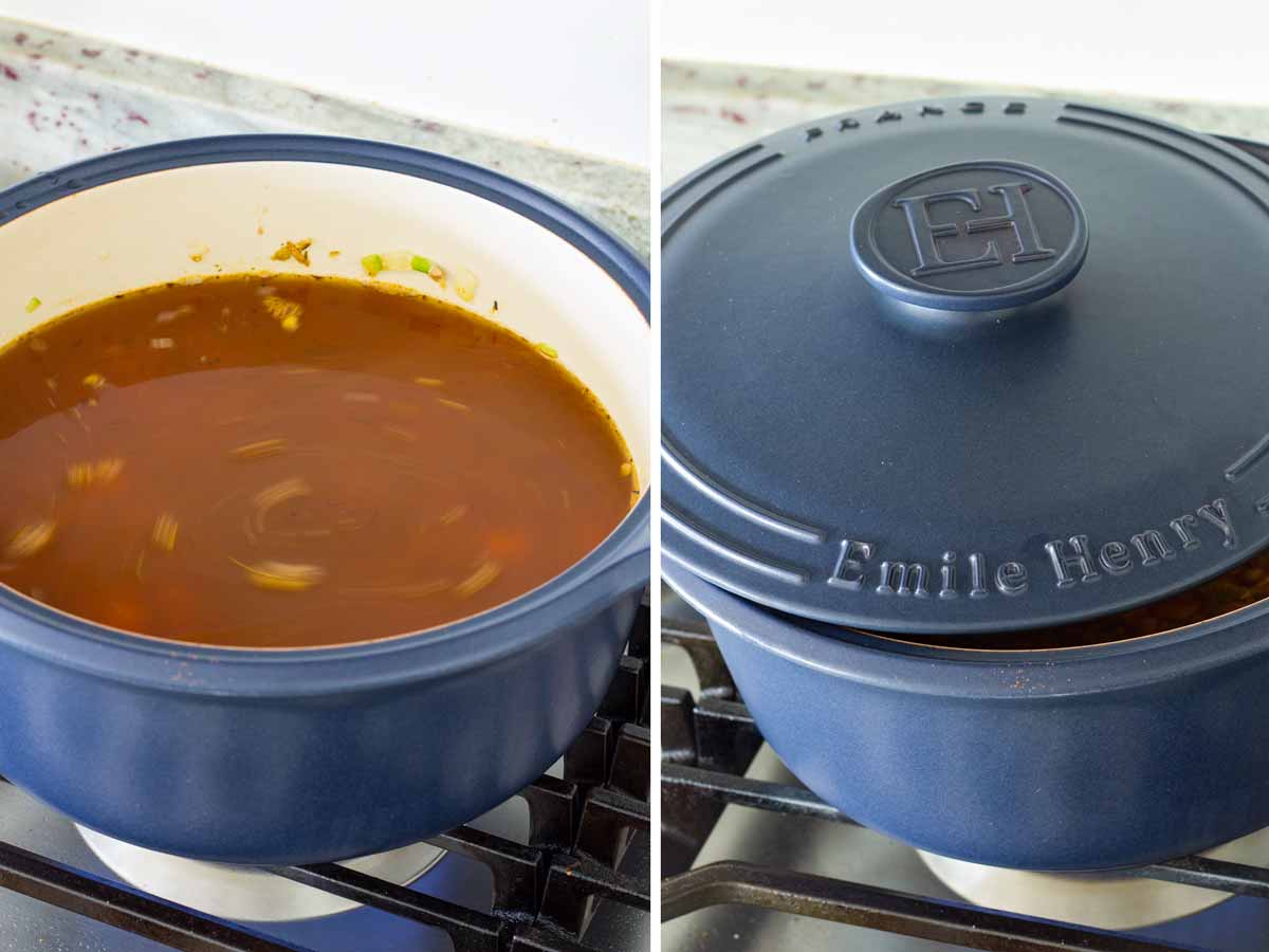 simmering lentil soup in a blue pot