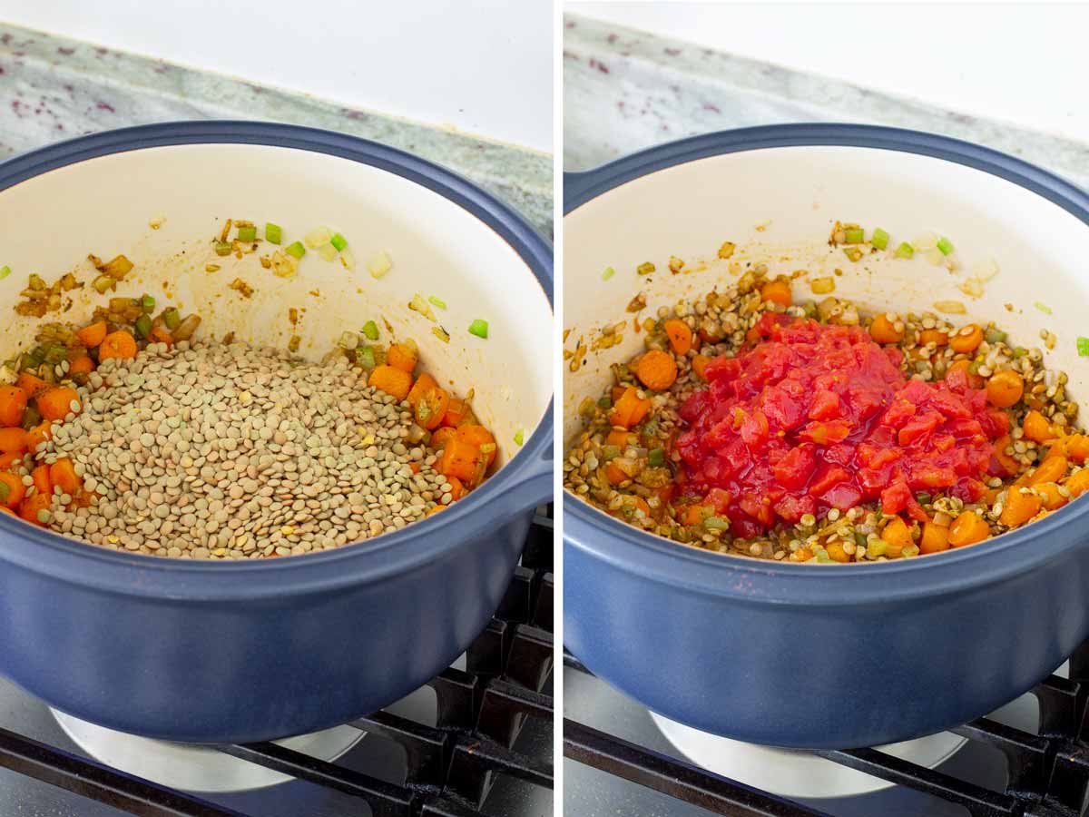 adding lentils and diced tomatoes to the pot