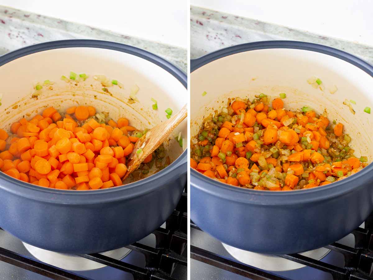 stirring in carrots into the pot