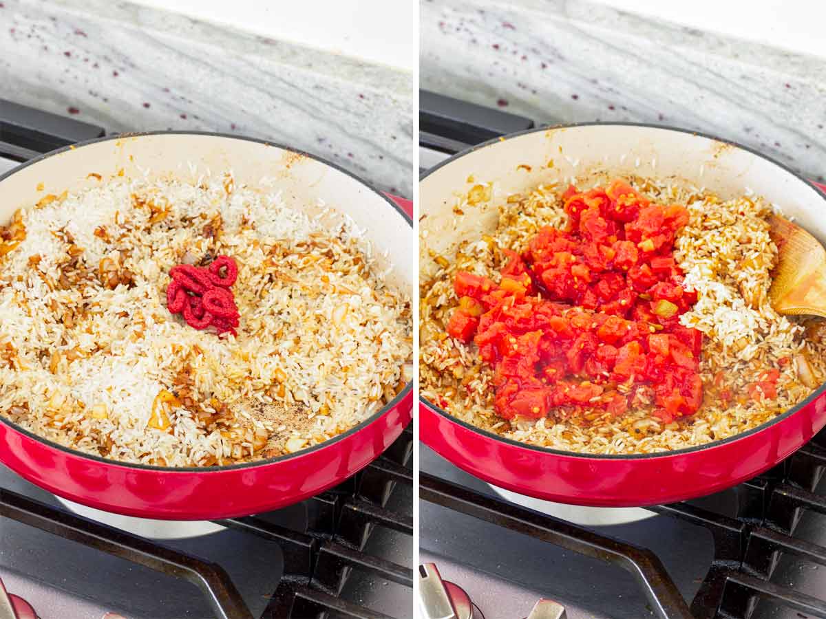 stirring rice and tomatoes in the pan