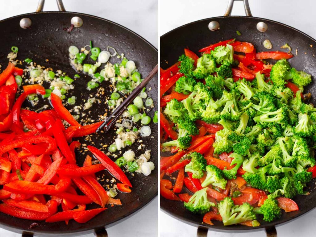 sauteing aromatics, bell peppers, and broccoli in skillet