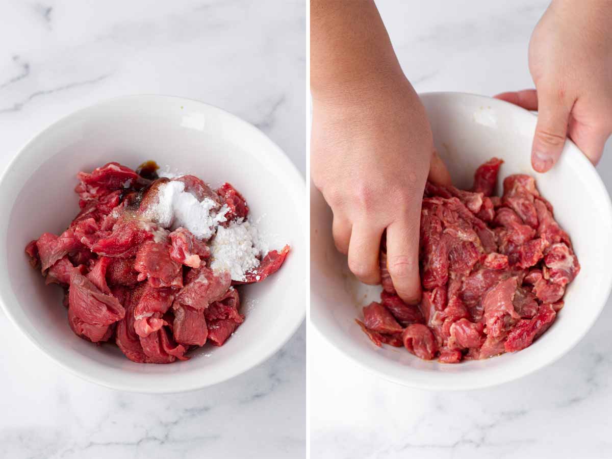 marinating sliced beef in a bowl