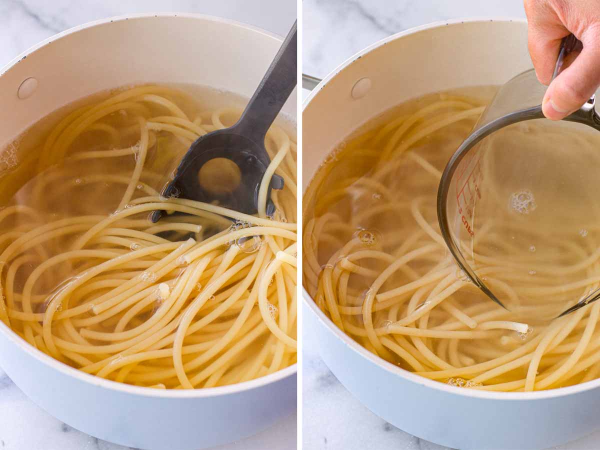 cooking pasta in a pot of water