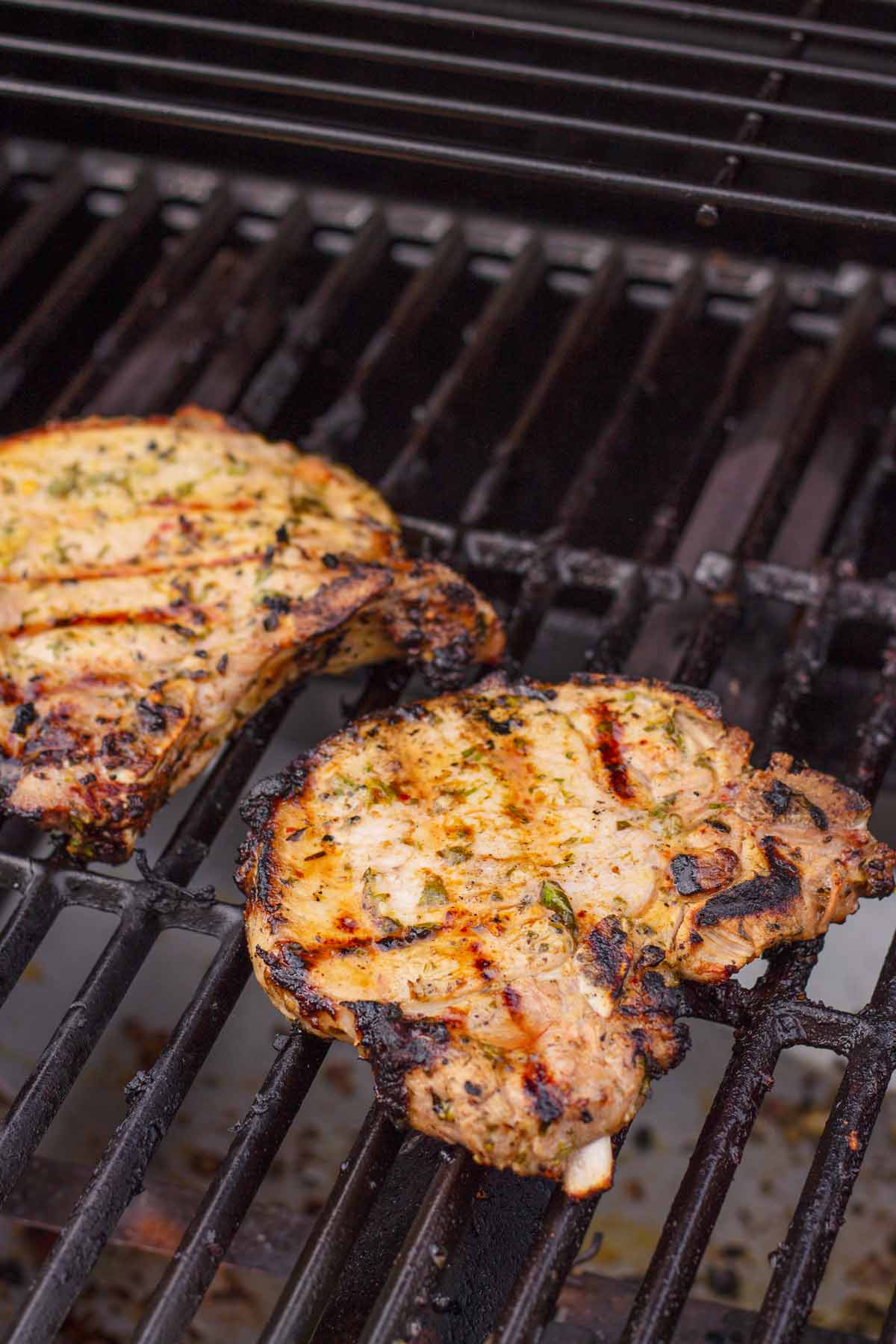 two pork chops on an outdoor grill