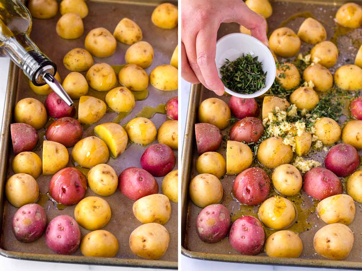adding oil, garlic, and herbs to halved potatoes