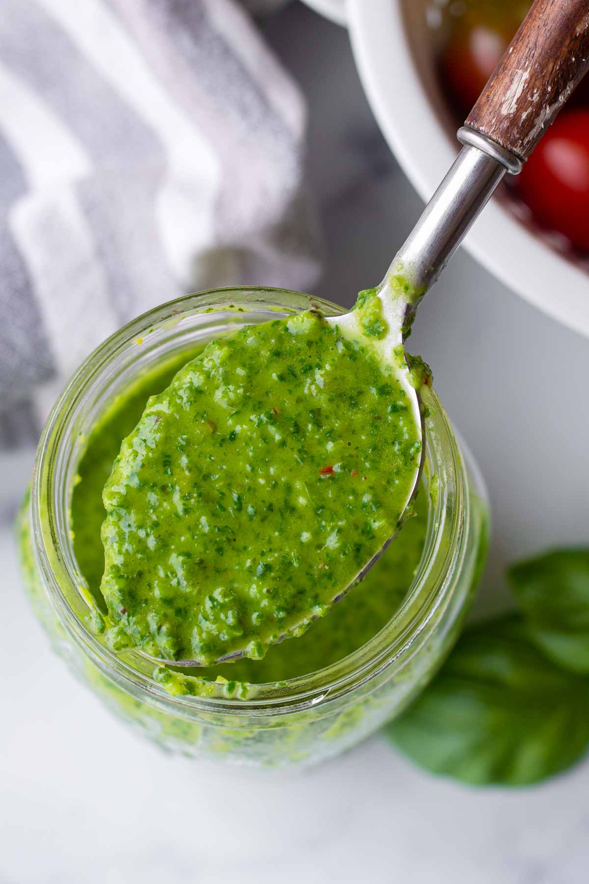 close up of basil vinaigrette