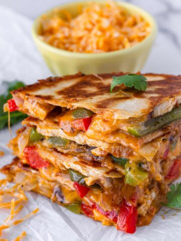 side view of melty chicken quesadillas