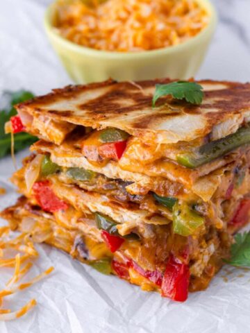 side view of melty chicken quesadillas