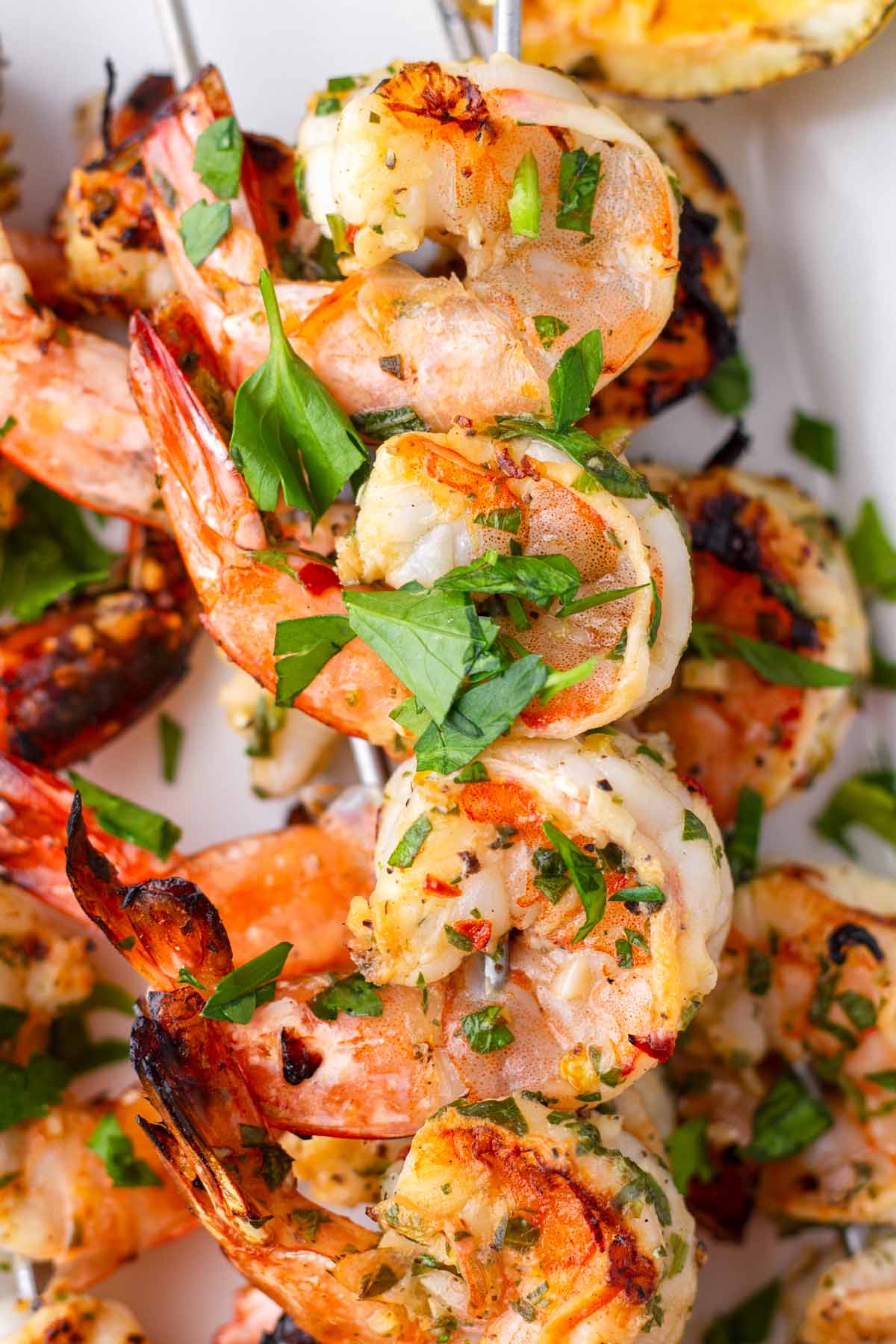 close up of grilled marinated shrimp with parsley garnish