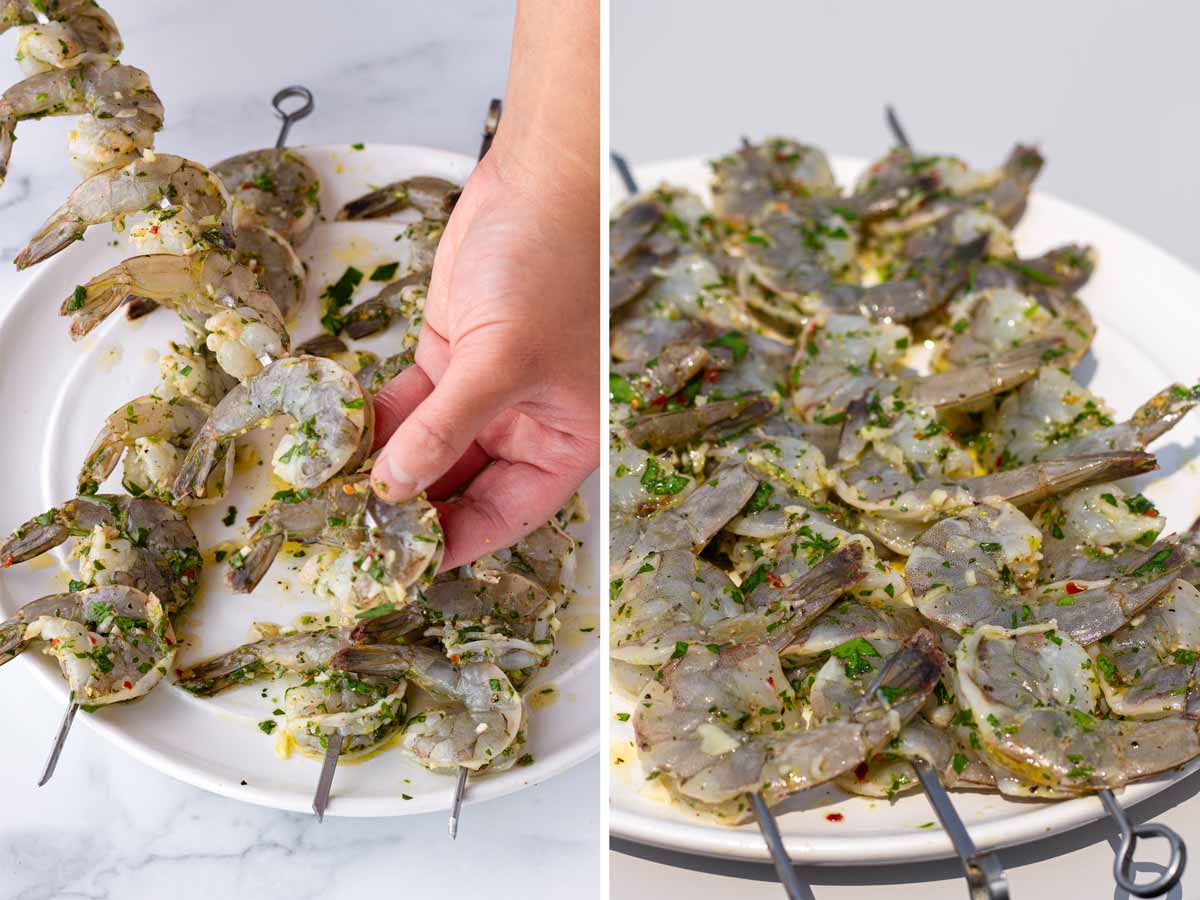 assembling shrimp in metal skewers