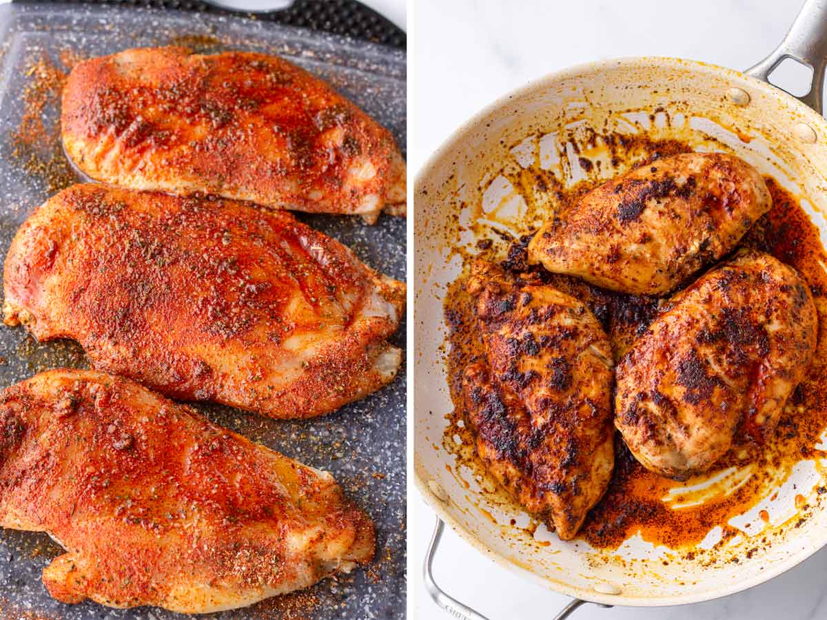 seasoned chicken on the left and cooked chicken on the right