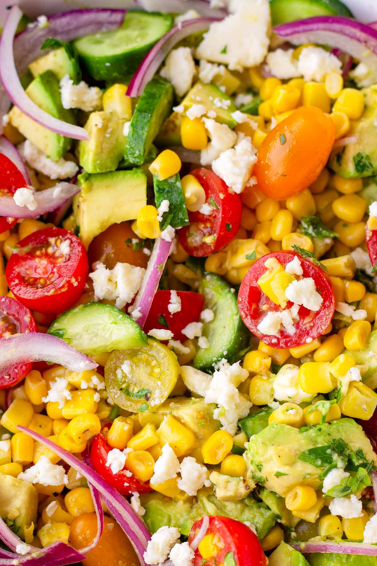 colorful close up of avocado corn and tomato salad