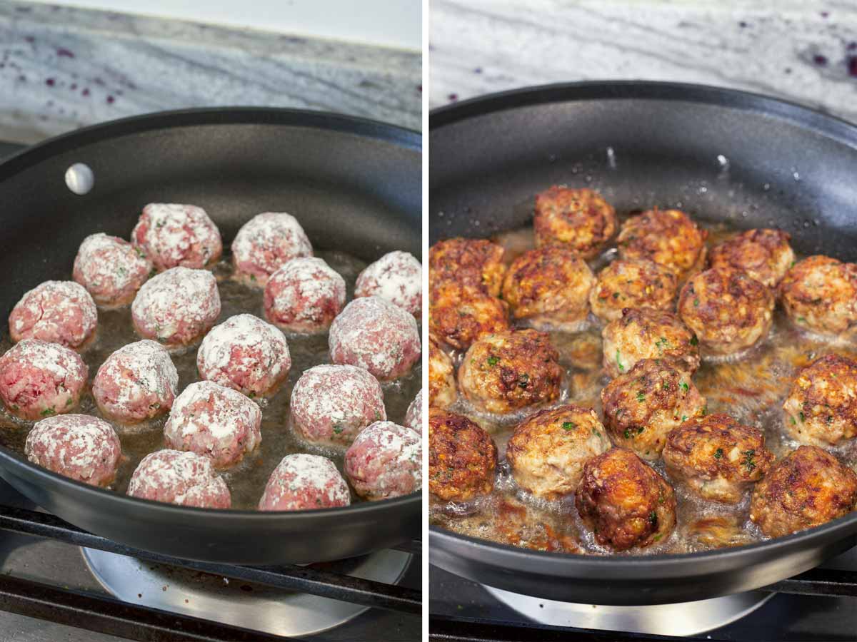 cooking meatballs in a frying pan