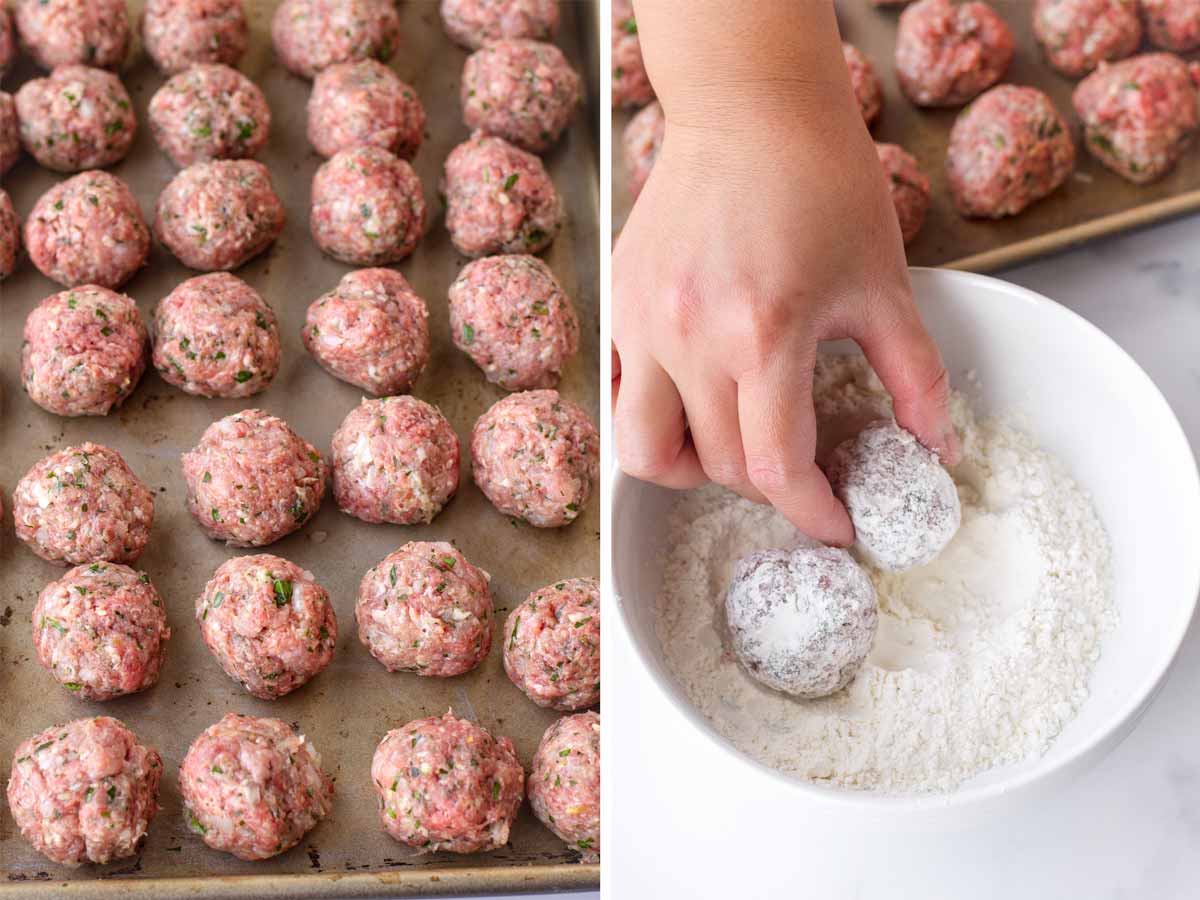 dredging meatballs in flour