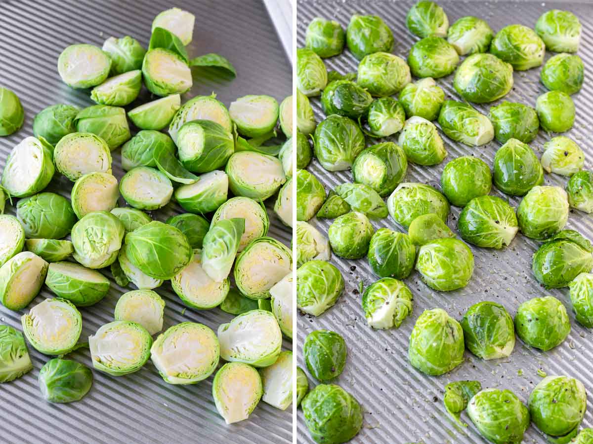 trimmed brussels sprouts arranged on sheet pan
