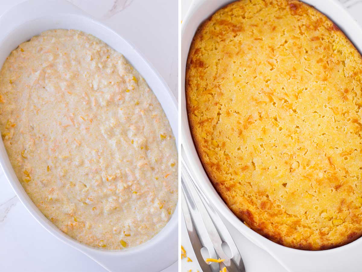 batter in baking pan on the left and baked corn casserole on right