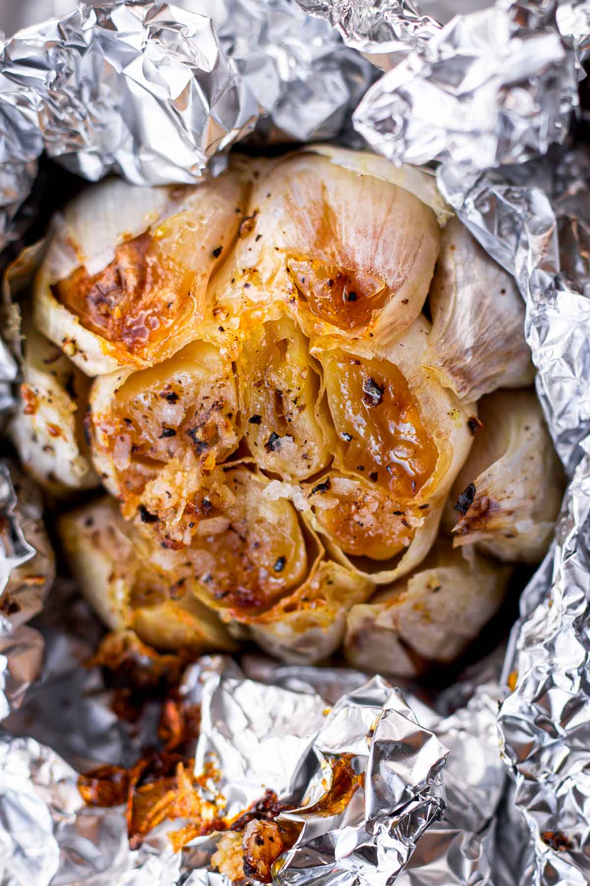 roasted head of garlic in foil