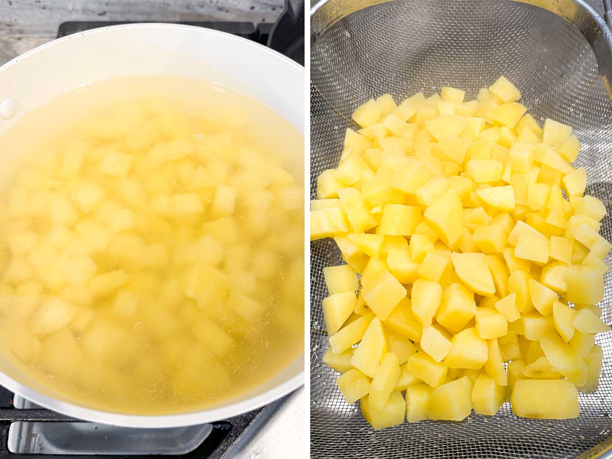 cooked cubed potatoes in pot and rinsed in colander