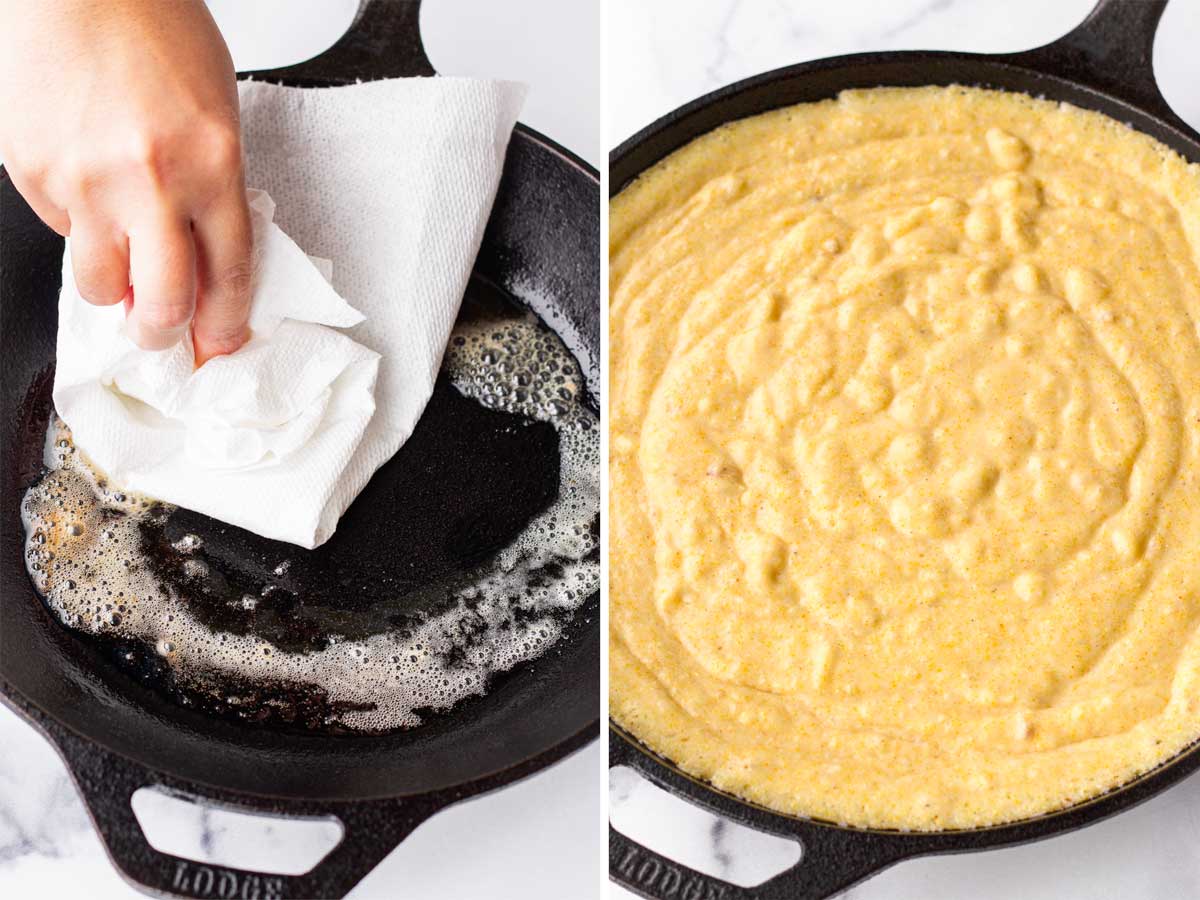 pouring batter into greased pan