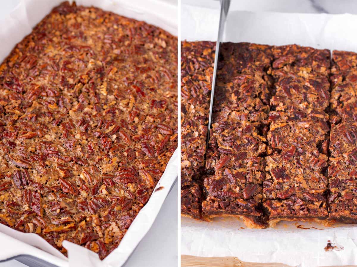 slicing baked pecan pie into squares