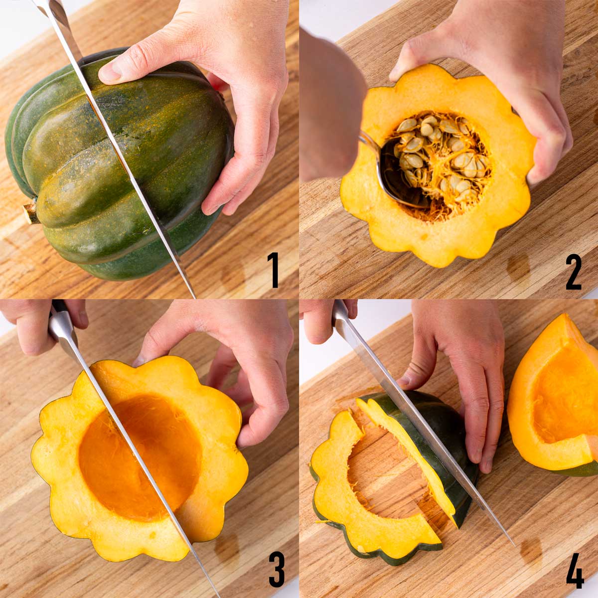 step by step slicing a whole acorn squash