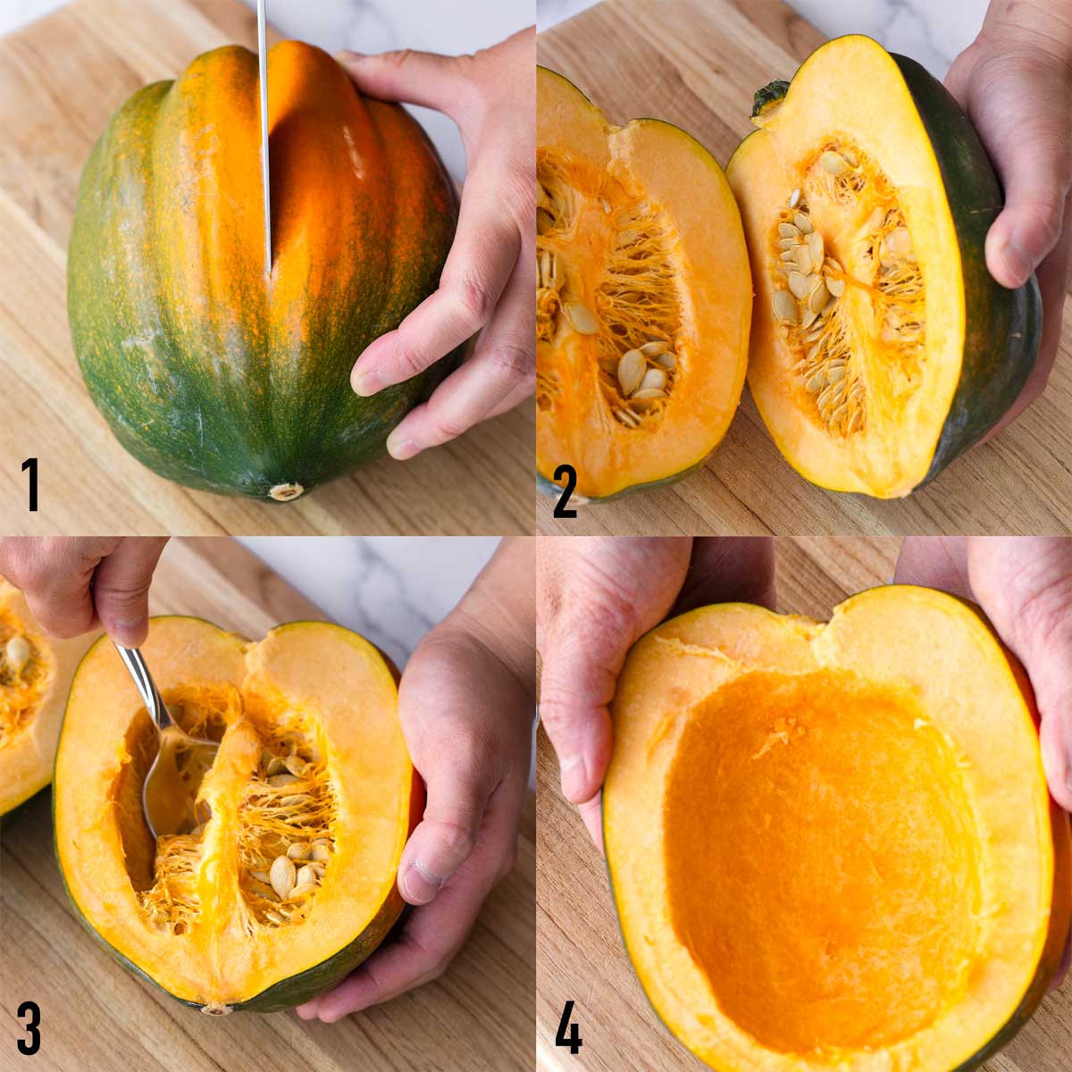 step by step cutting squash and removing seeds