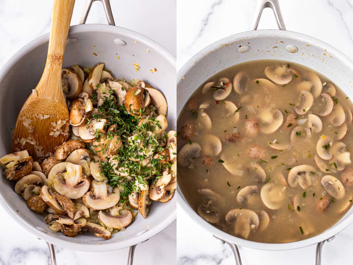 cooking mushrooms and herbs