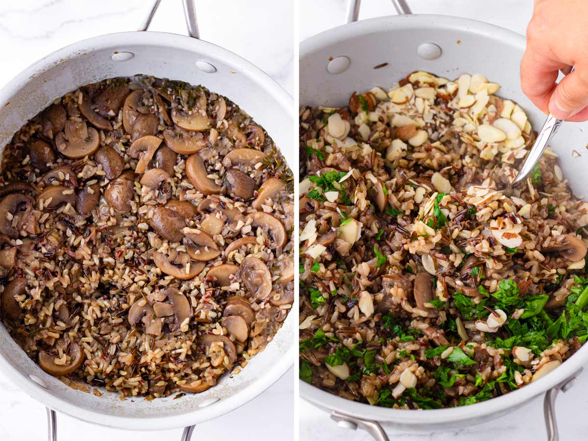fluffing wild rice pilaf in pan
