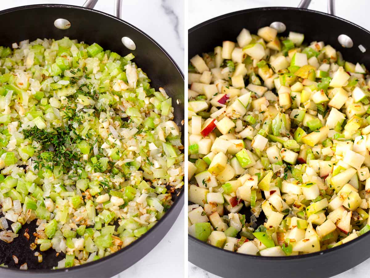 diced vegetables and apples in skillet