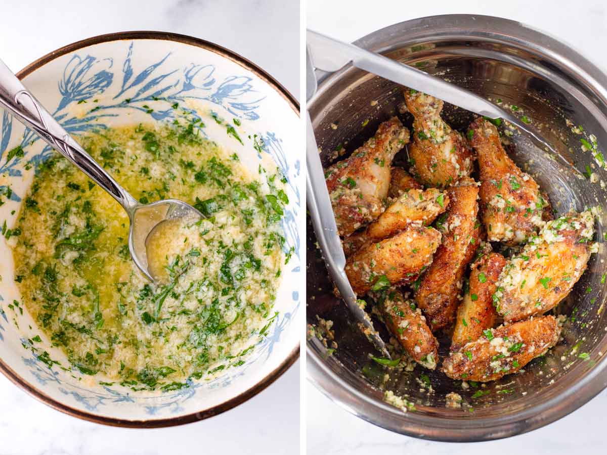 tossing baked wings with garlic parmesan butter