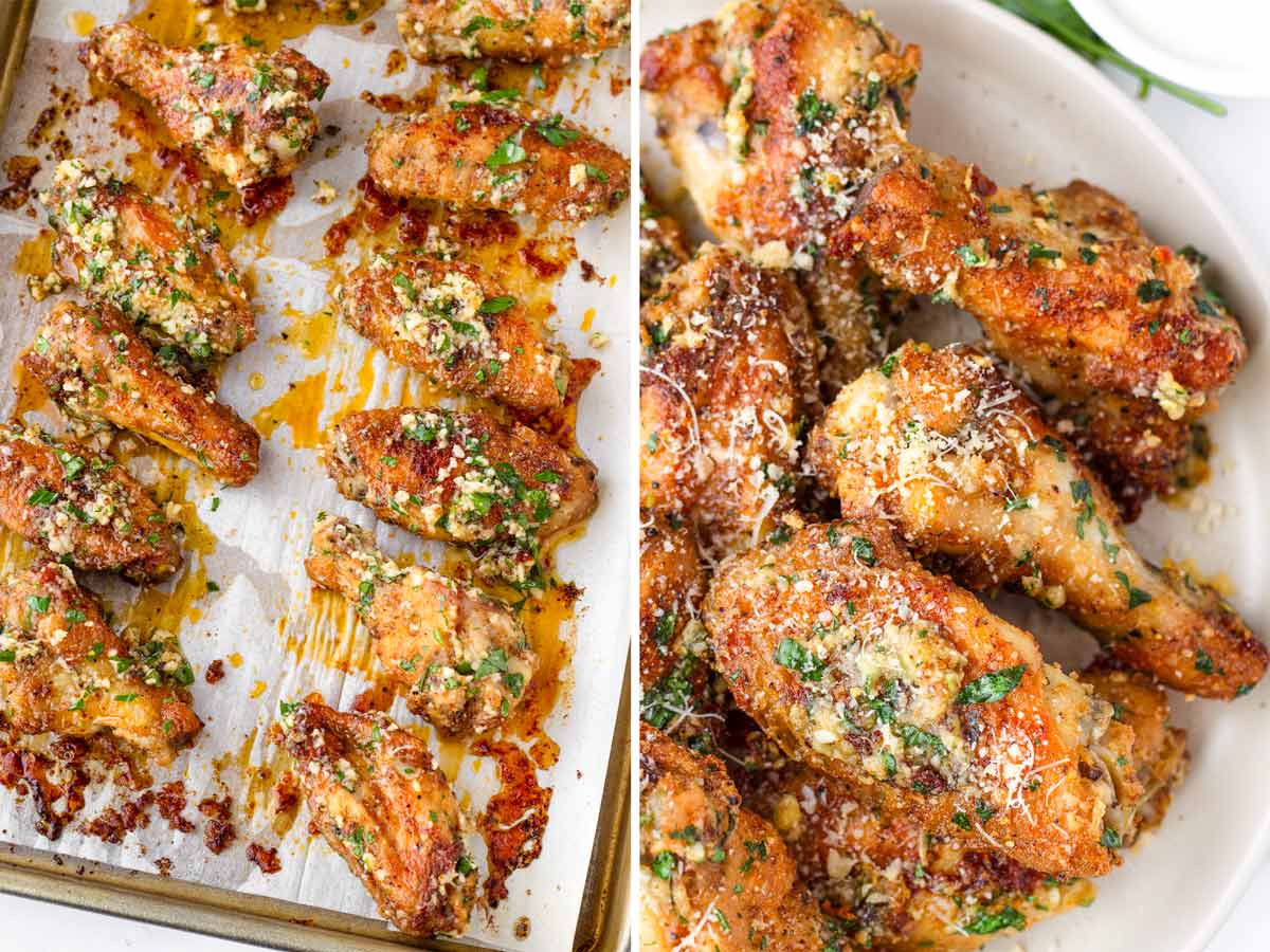 freshly baked wings on sheet pan