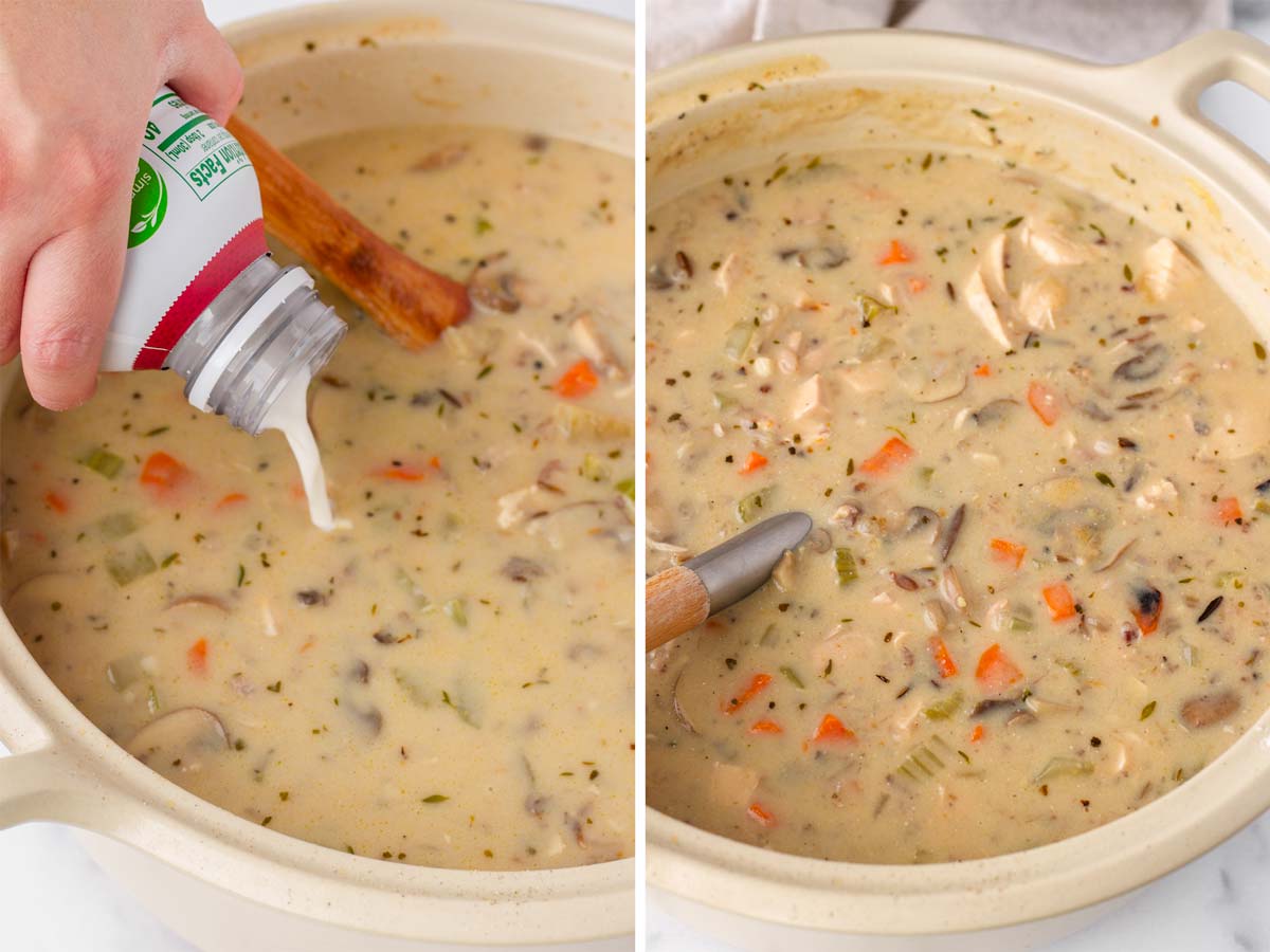 adding and stirring half and half into soup