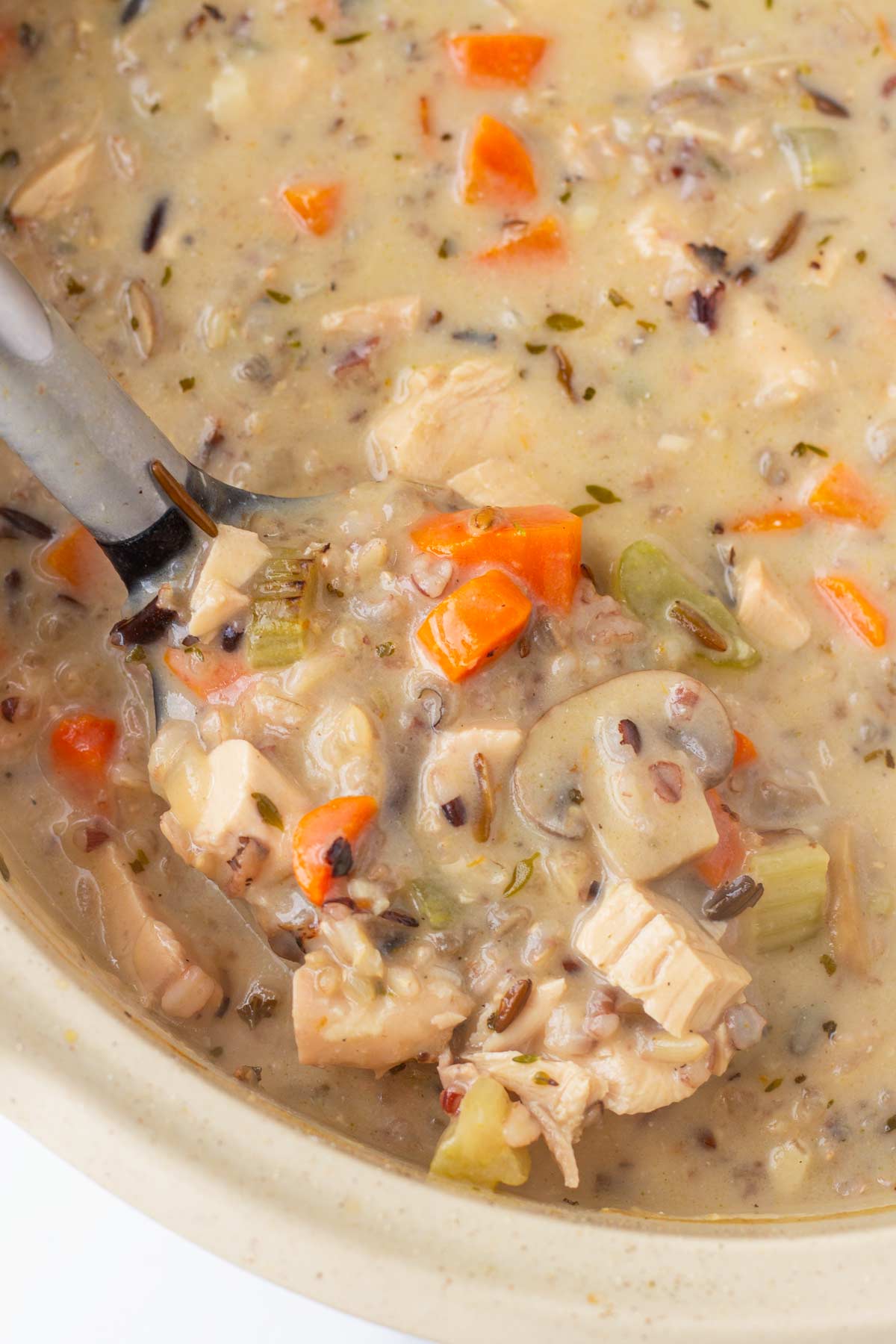 a ladle of creamy turkey wild rice soup with mushrooms