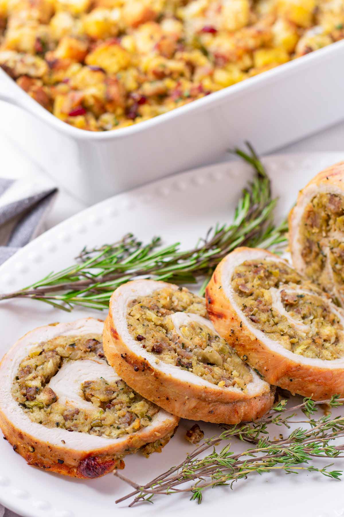 sliced turkey roulade with sausage stuffing