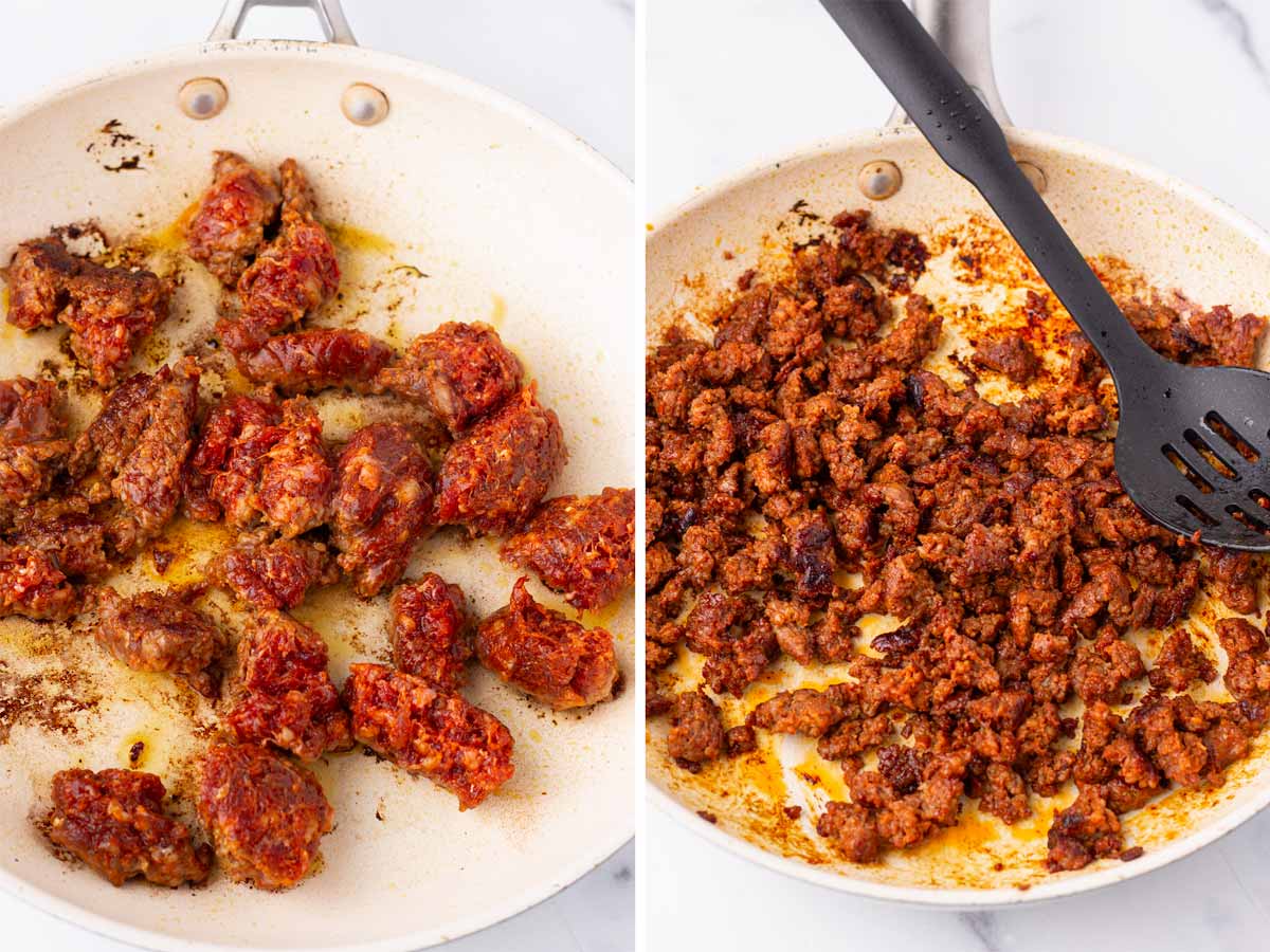 cooking crumbled mexican chorizo in skillet