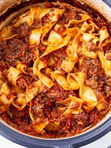 papperdelle with short rib ragu in a pot