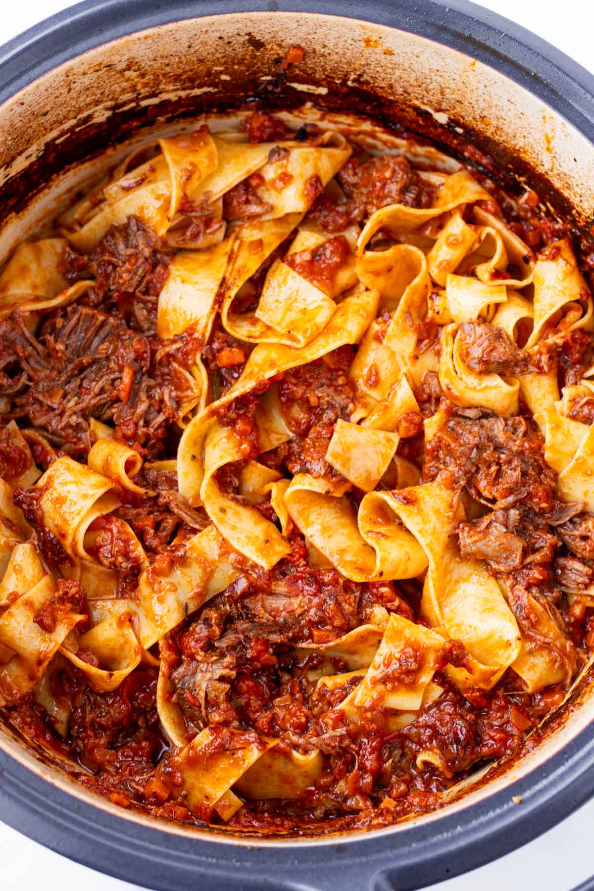 papperdelle with short rib ragu in a pot