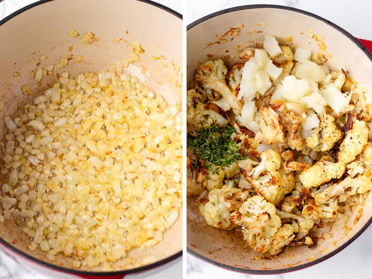 cooking aromatics and cauliflower in a pot