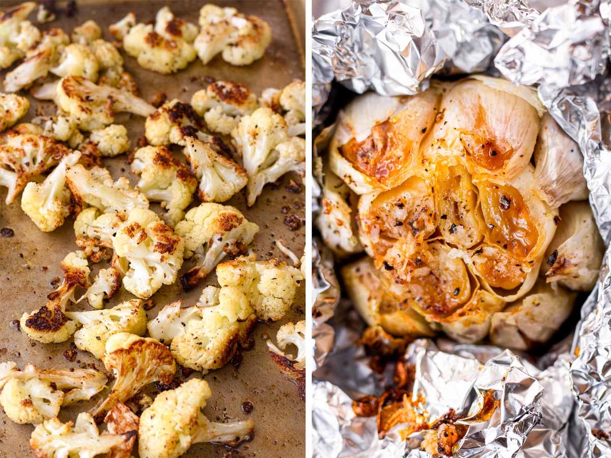sheet pan roasted cauliflower and roasted head of garlic