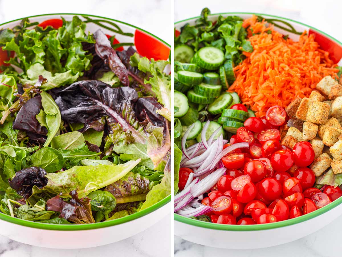 bed of greens and salad toppings