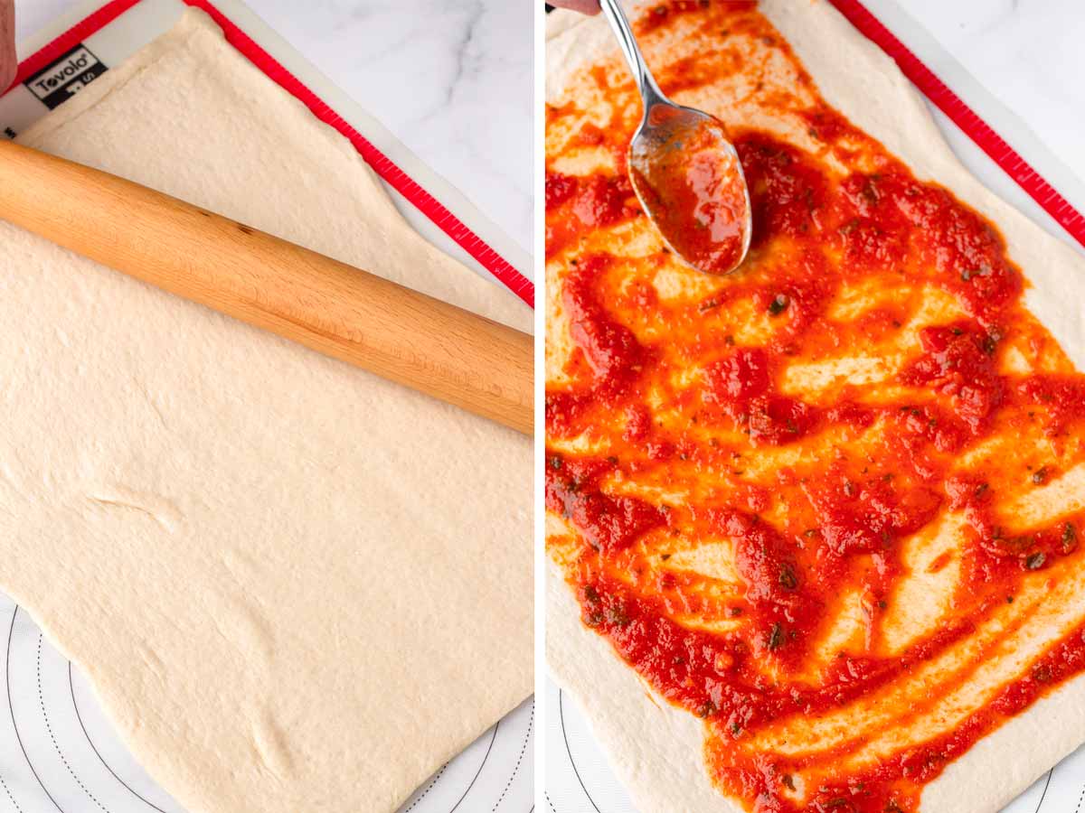 stretching dough and adding tomato sauce