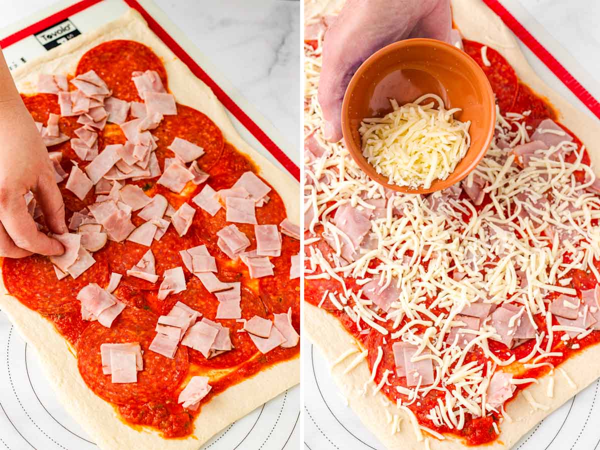 adding meat and cheese on top of dough