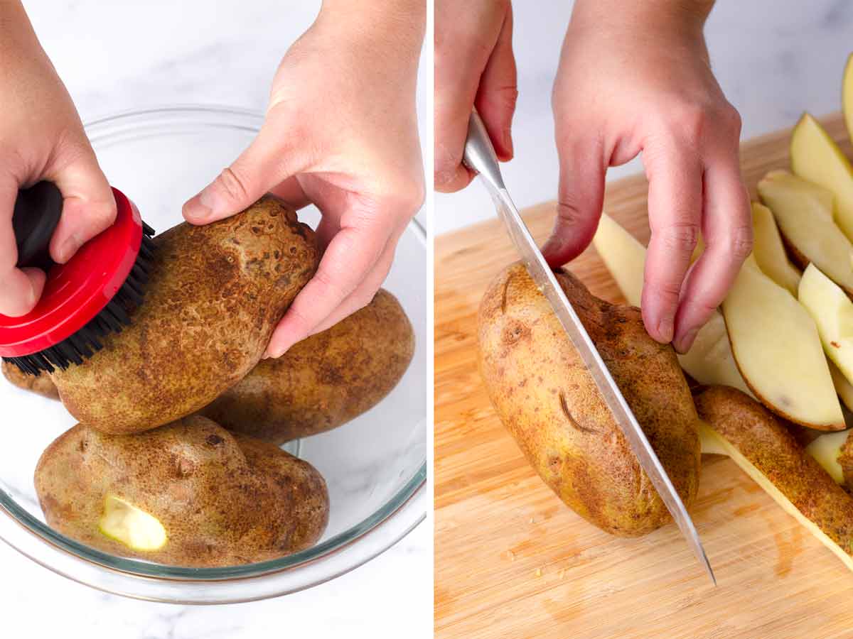scrubbing and cutting potatoes