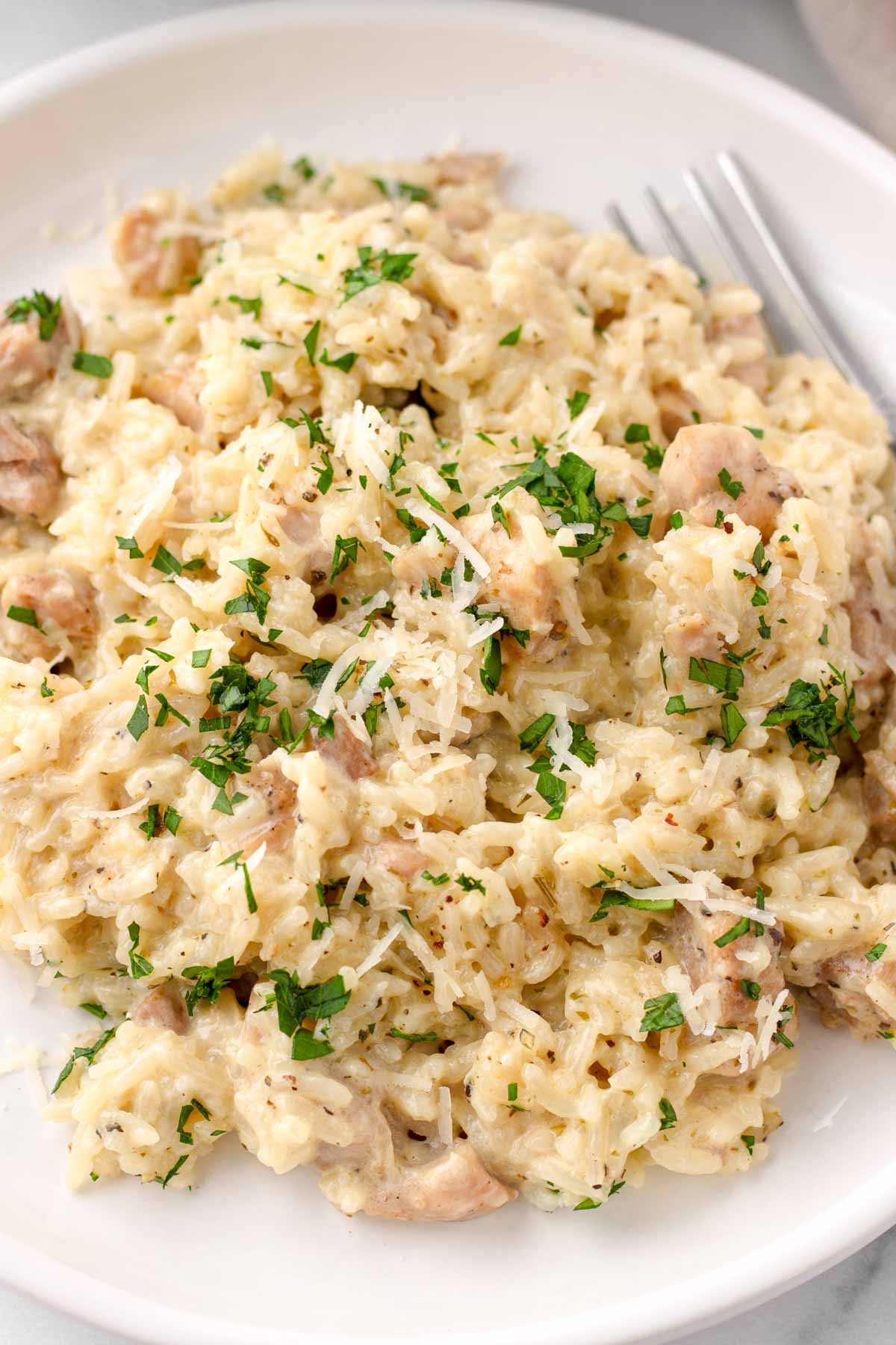 close up of creamy parmesan rice with chicken