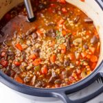 beef barley soup in a dutch oven