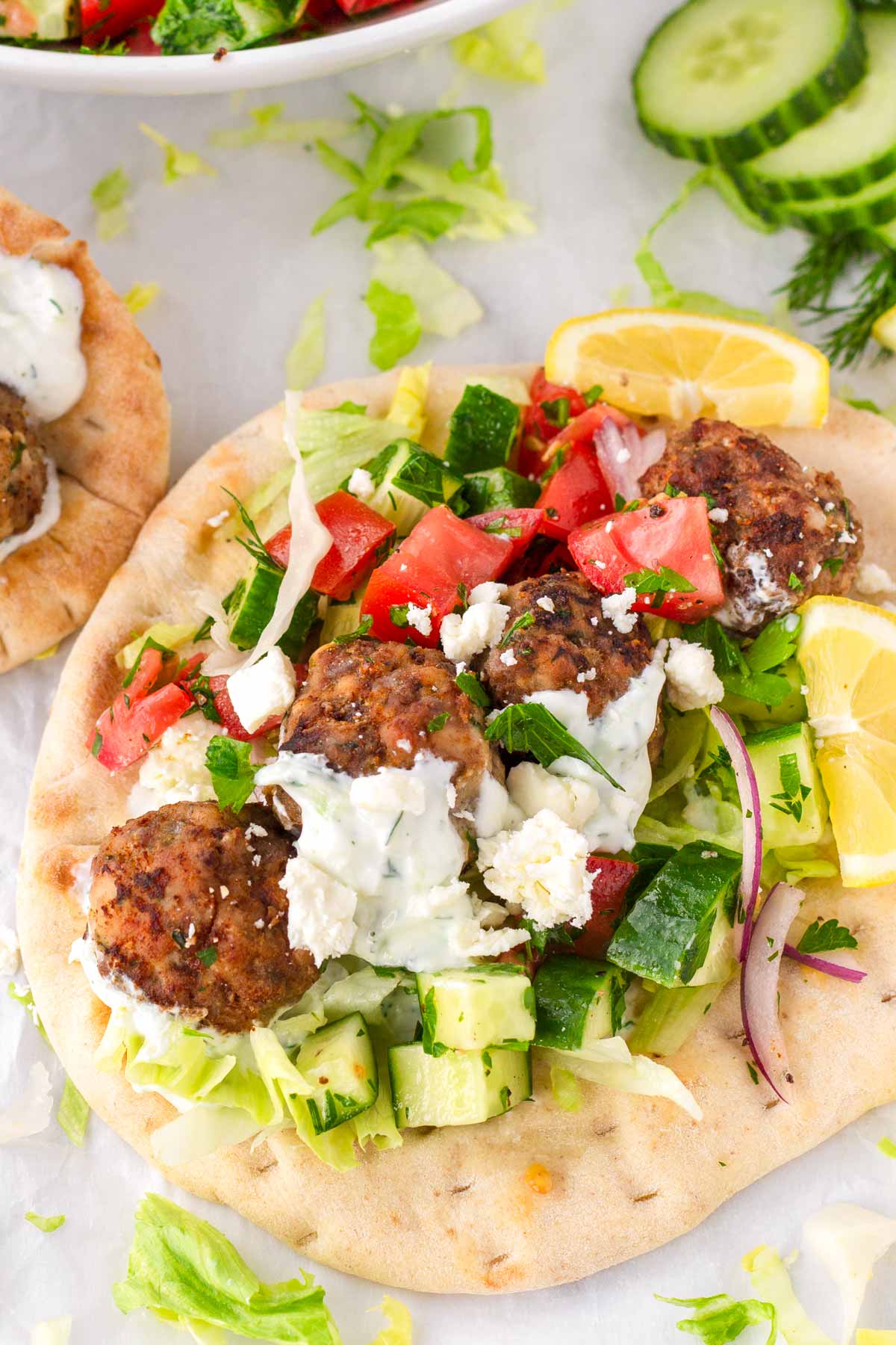 greek pita bread with meatballs and toppings