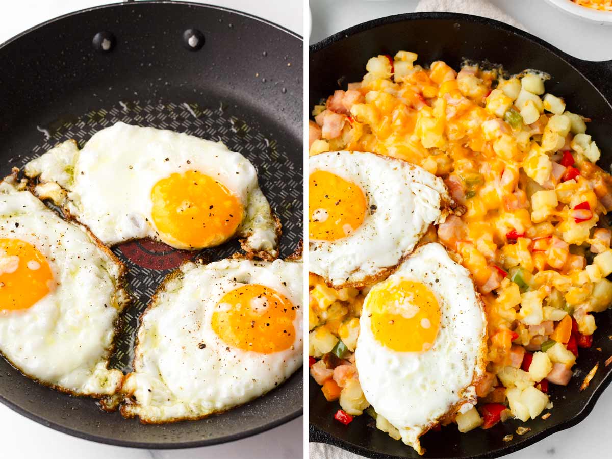 frying eggs in a skillet