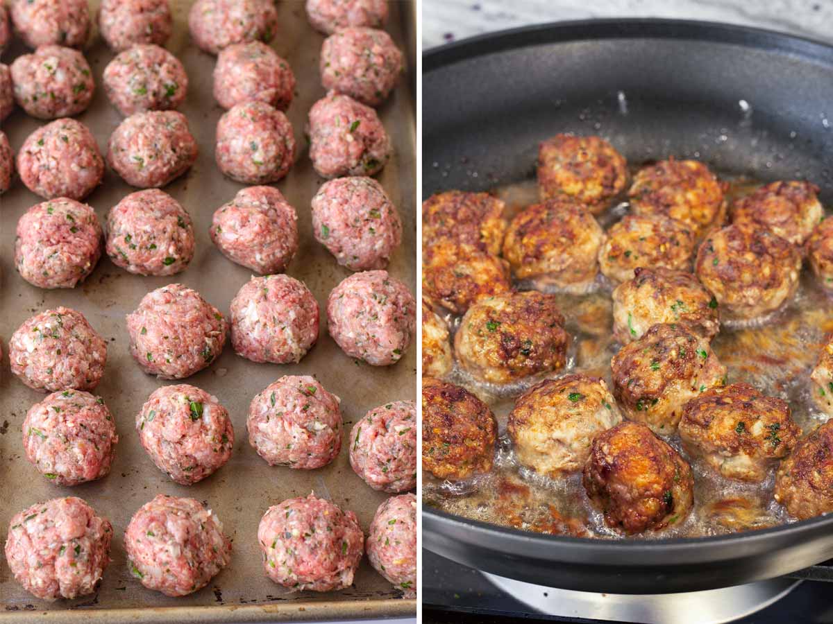 cooking meatballs in skillet