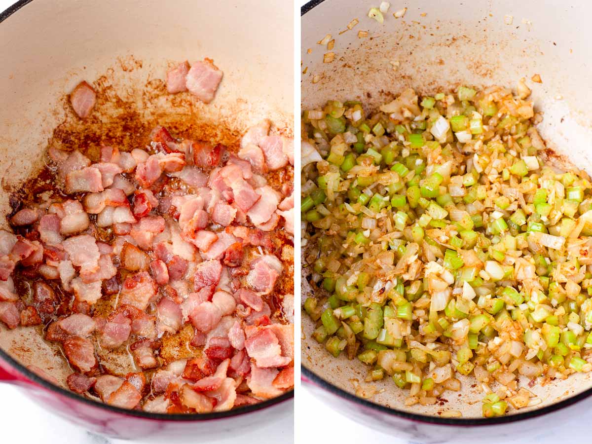 cooking bacon and aromatics in a pot