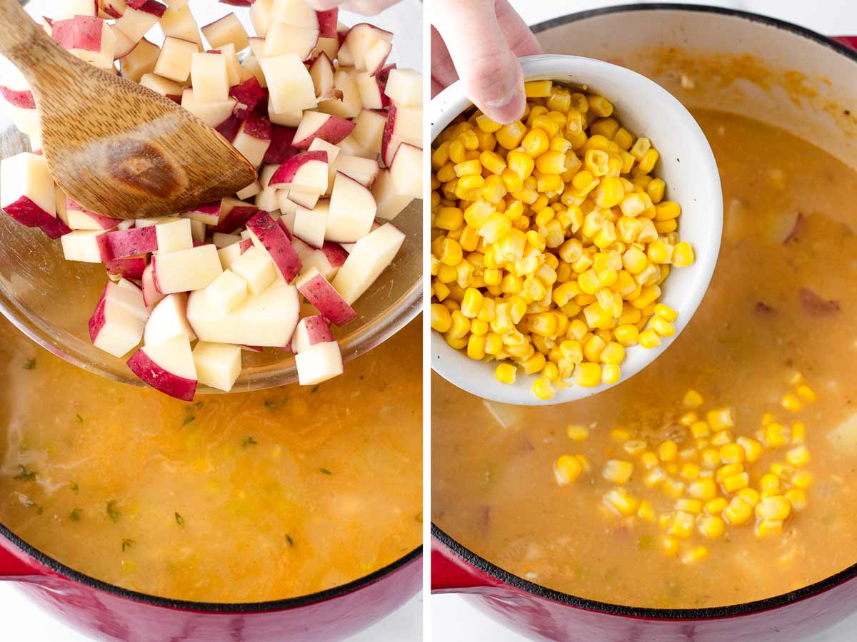 adding diced red potatoes and sweet corn kernels